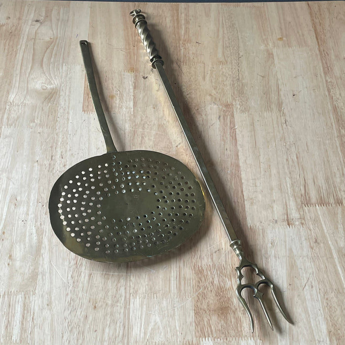 Set of 2 Antique 19th Century Brass Finialed Toasting Fork and Brass Skimmer