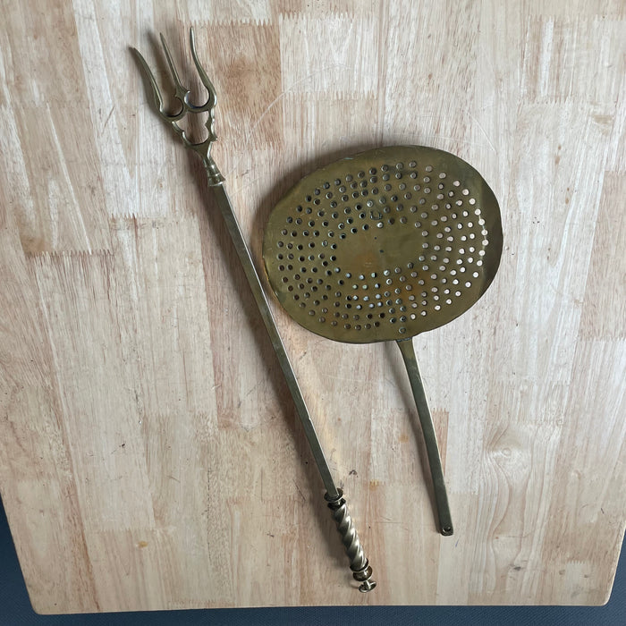 Set of 2 Antique 19th Century Brass Finialed Toasting Fork and Brass Skimmer