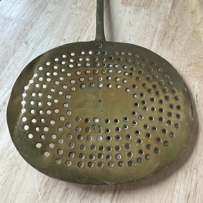 Set of 2 Antique 19th Century Brass Finialed Toasting Fork and Brass Skimmer