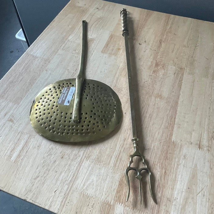 Set of 2 Antique 19th Century Brass Finialed Toasting Fork and Brass Skimmer
