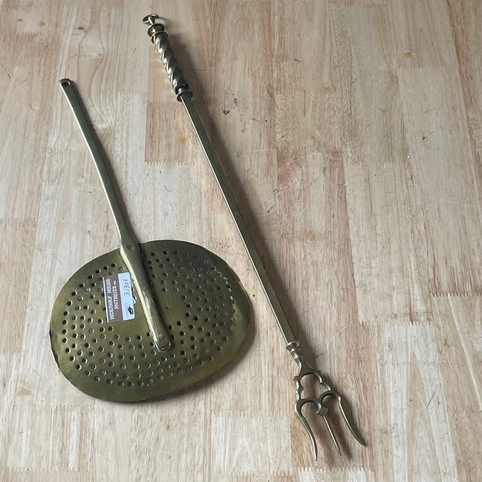 Set of 2 Antique 19th Century Brass Finialed Toasting Fork and Brass Skimmer