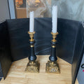 Set of 2 French Empire Style Brass Ornamental Base with Ribbed Black Column Candlesticks 5"x 5"x 14"