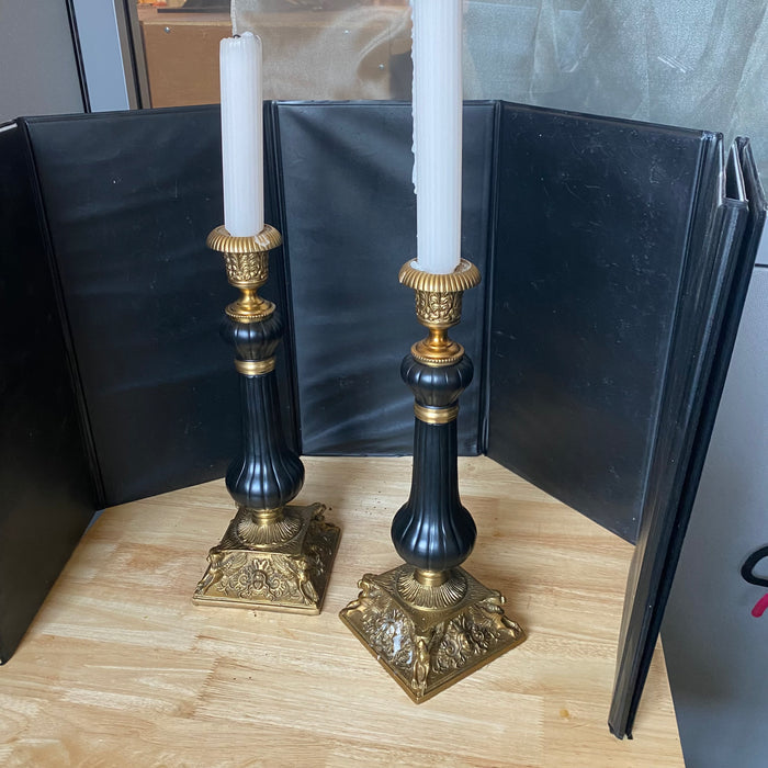 Set of 2 French Empire Style Brass Ornamental Base with Ribbed Black Column Candlesticks 5"x 5"x 14"