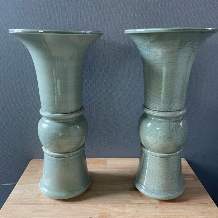 Set of 2 Pale Green Crackle Glaze Ceramic Vases, 9'x 18"