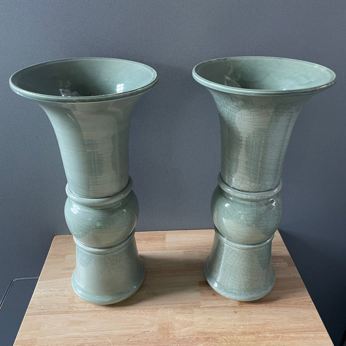 Set of 2 Pale Green Crackle Glaze Ceramic Vases, 9'x 18"