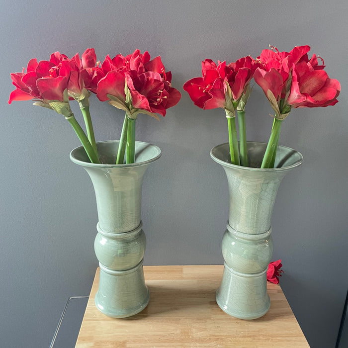 Set of 2 Pale Green Crackle Glaze Ceramic Vases, 9'x 18"