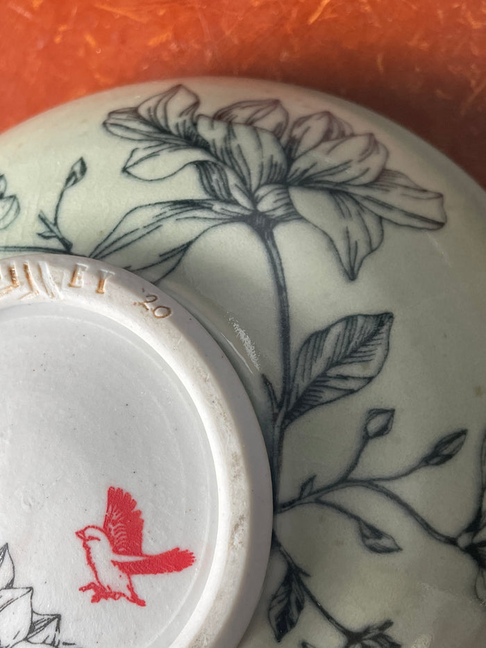 Set of 2 Vintage Korean Studio Art  Handpainted Celadon Footed Bowls Signed by Artist