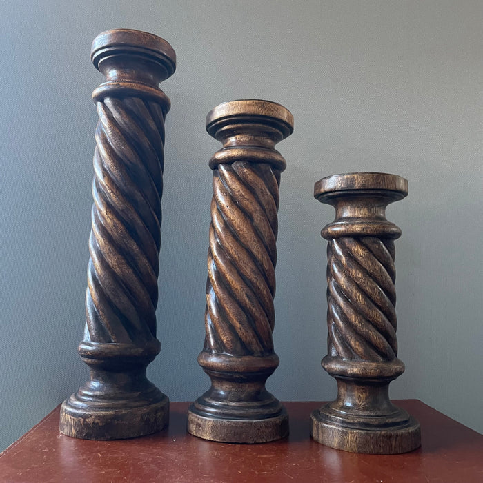 Set of 3 Vintage Wood Carved Barley Twist Candle Holders, 22",18,"x 14"