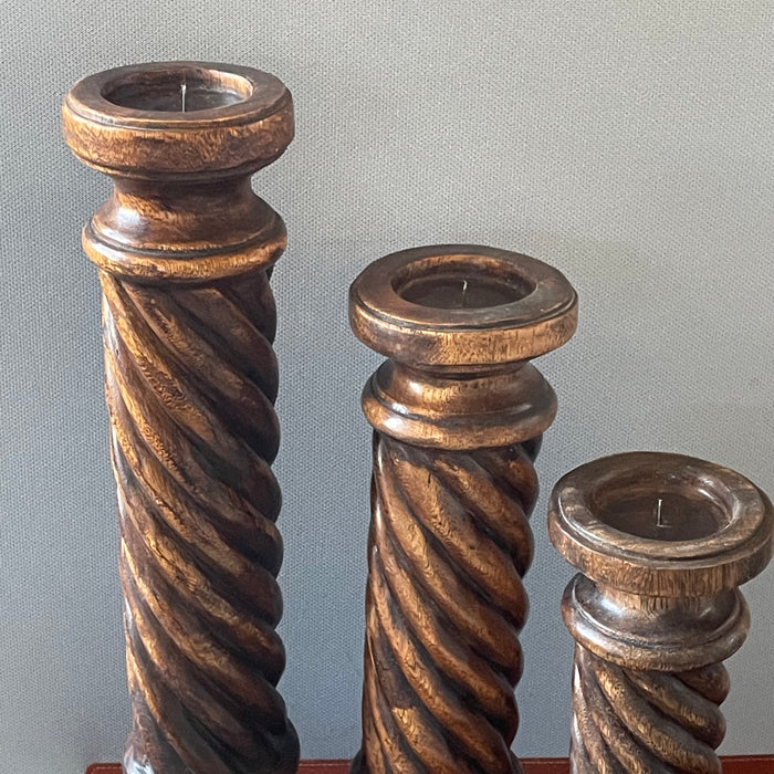 Set of 3 Vintage Wood Carved Barley Twist Candle Holders, 22",18,"x 14"