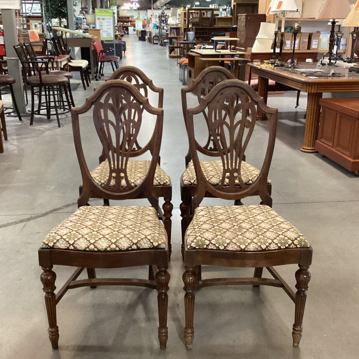 SET of 4 Antique Carved Wood Harp Back & Floral Upholstered Seat Dining Chairs 19"x 19"x 40"