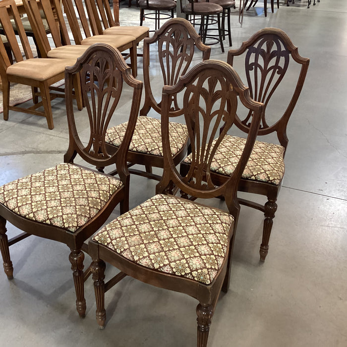 SET of 4 Antique Carved Wood Harp Back & Floral Upholstered Seat Dining Chairs 19"x 19"x 40"