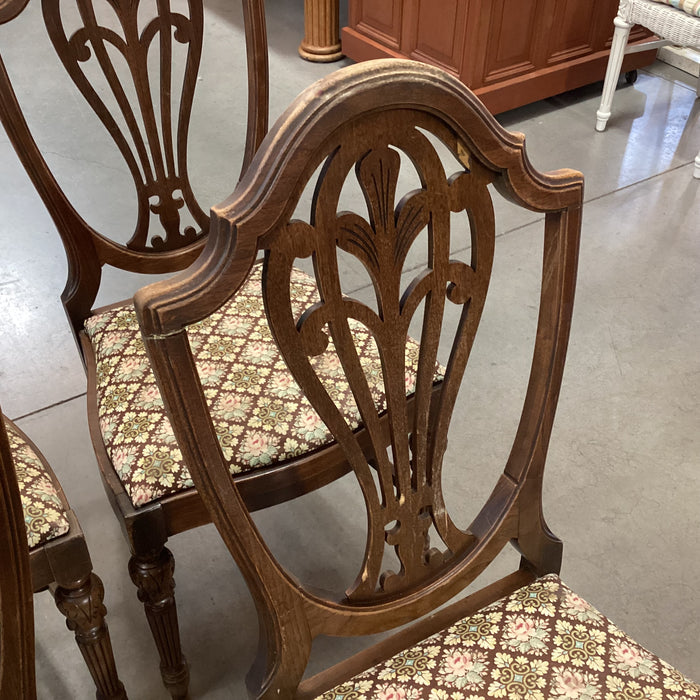 SET of 4 Antique Carved Wood Harp Back & Floral Upholstered Seat Dining Chairs 19"x 19"x 40"