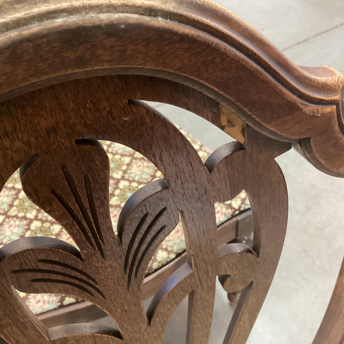 SET of 4 Antique Carved Wood Harp Back & Floral Upholstered Seat Dining Chairs 19"x 19"x 40"