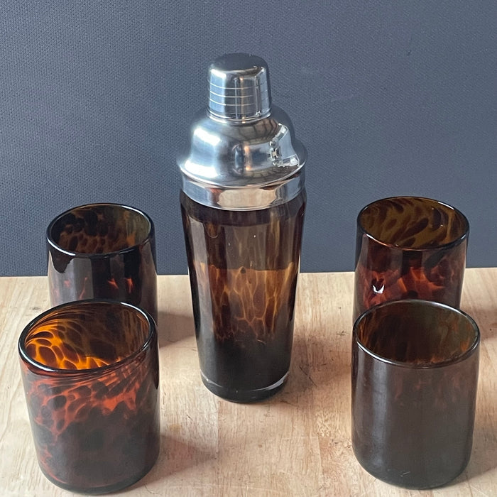 Set of 5 Pieces Blown Glass Tortoise Shell Glasses and Cocktail Shaker Barware