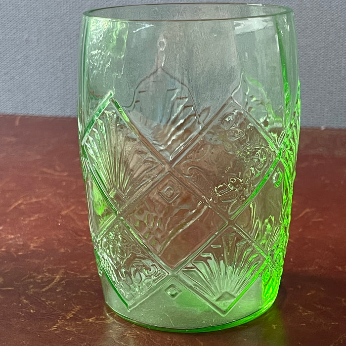 Set of 5 Pieces Vintage Anchor Hocking Fan & Flower Green Uranium Glass Pitcher with 4 Glasses, 1930's