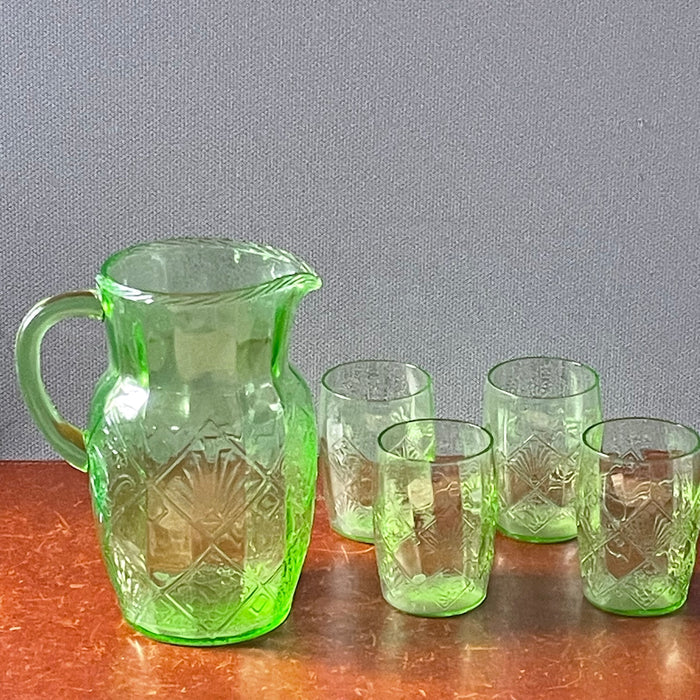 Set of 5 Pieces Vintage Anchor Hocking Fan & Flower Green Uranium Glass Pitcher with 4 Glasses, 1930's