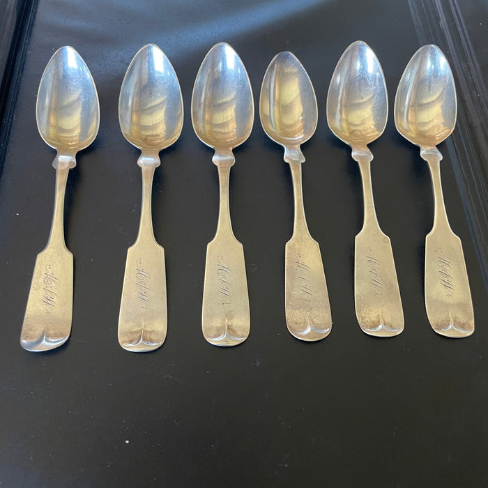 Set of 6 Antique Coin Silver Fiddleback Teaspoons, Made by Charles Lumsden 1830's