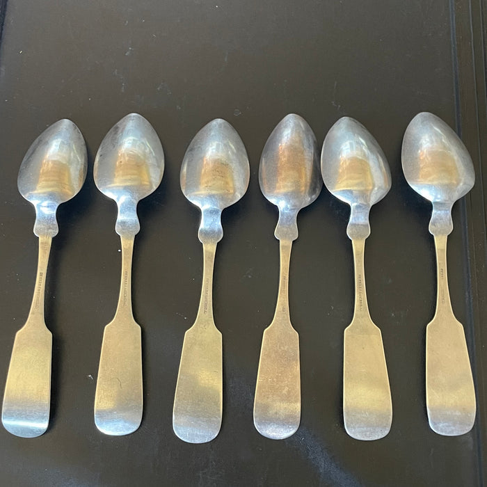 Set of 6 Antique Coin Silver Fiddleback Teaspoons, Made by Charles Lumsden 1830's
