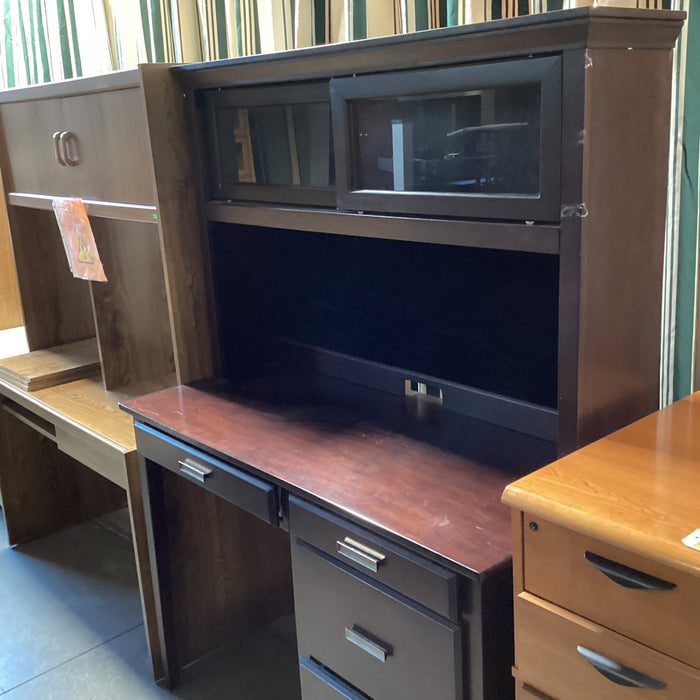 Solid Dark Wood Desk with 3 Drawers and Over Head Display Case 52"x 24"x 71"