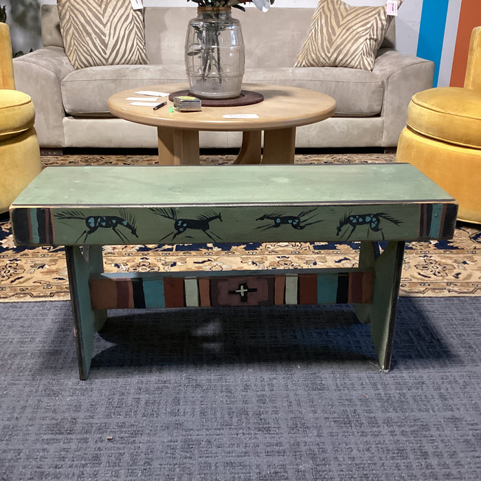 Southwest with Horses Green Rust Black Wood Bench 36"x 12.5"x 17"