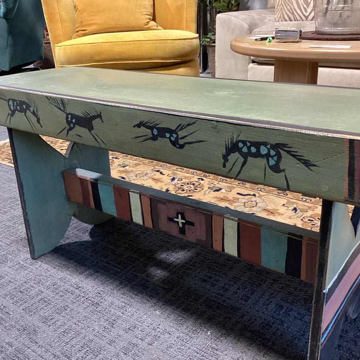 Southwest with Horses Green Rust Black Wood Bench 36"x 12.5"x 17"