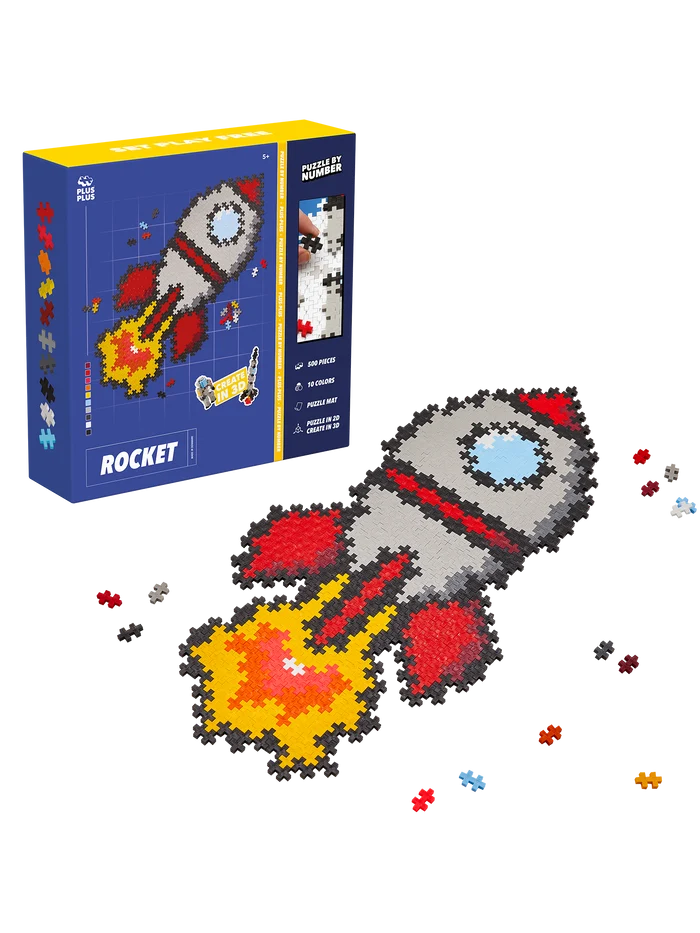 Plus-Plus Puzzle By Number Space Rocket set with 250 colorful pieces to build a 2D rocket by matching numbers and colors using the included template