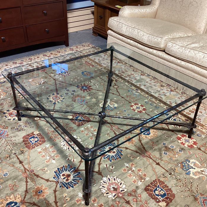 Textured Iron X Base & Glass Coffee Table 43"x 43"x 18"