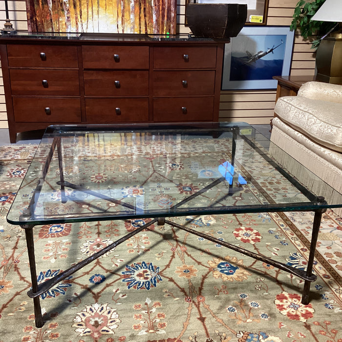 Textured Iron X Base & Glass Coffee Table 43"x 43"x 18"