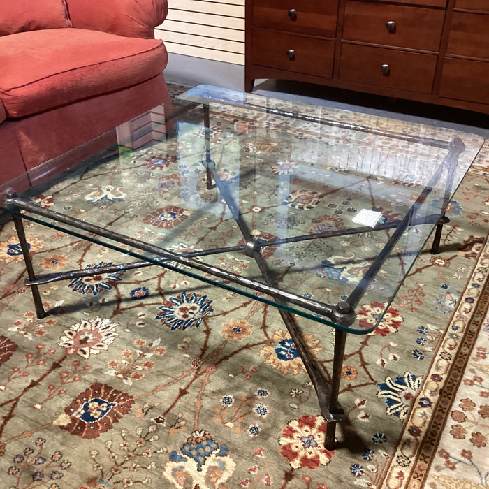 Textured Iron X Base & Glass Coffee Table 43"x 43"x 18"