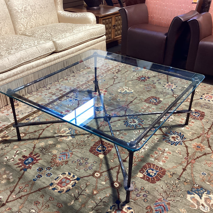 Textured Iron X Base & Glass Coffee Table 43"x 43"x 18"