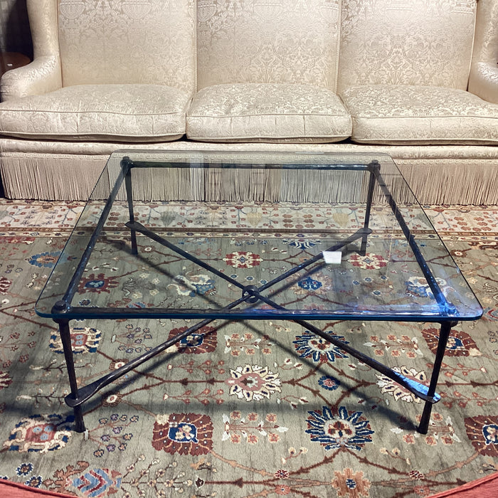 Textured Iron X Base & Glass Coffee Table 43"x 43"x 18"