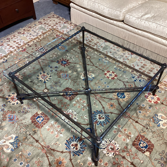 Textured Iron X Base & Glass Coffee Table 43"x 43"x 18"