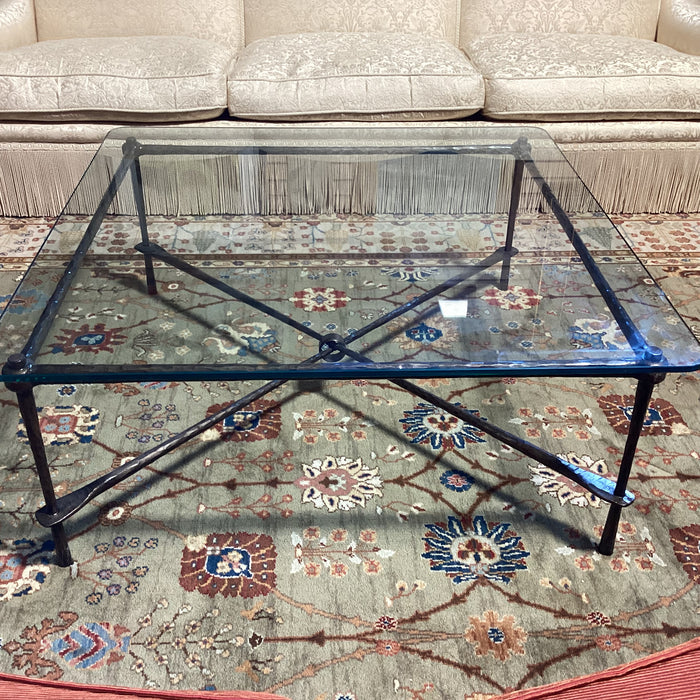 Textured Iron X Base & Glass Coffee Table 43"x 43"x 18"