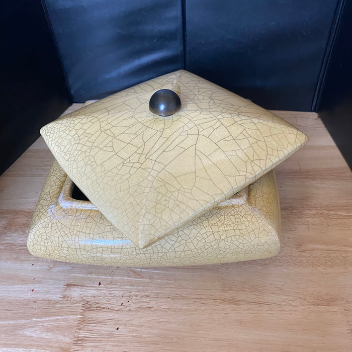 Tony Evans Geometric Square Yellow Crackle Glaze with Ball Feet Decorative Dish 12"x 12"x 6"
