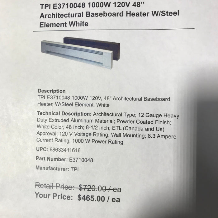 TPI E3710048 1000W 120V 48" Architectural Baseboard Heater W/Steel Element White
