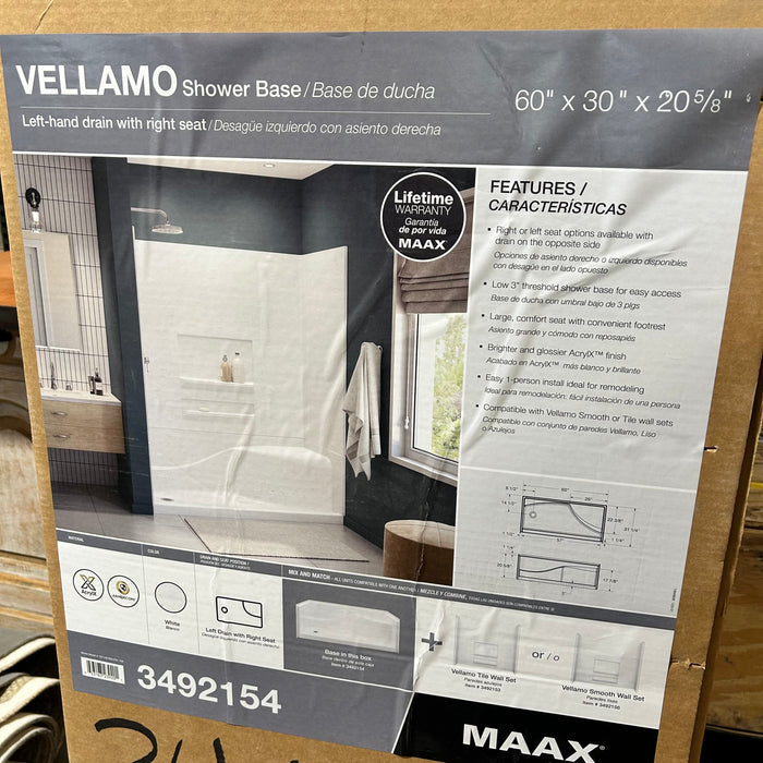 Vellamo Maxx Shower Base With Left Drain Right Seat 60"x 30"x 20 5/8"