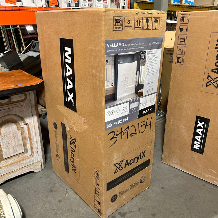 Vellamo Maxx Shower Base With Left Drain Right Seat 60"x 30"x 20 5/8"