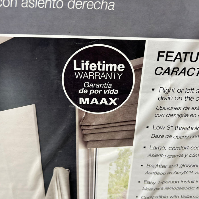 Vellamo Maxx Shower Base With Left Drain Right Seat 60"x 30"x 20 5/8"