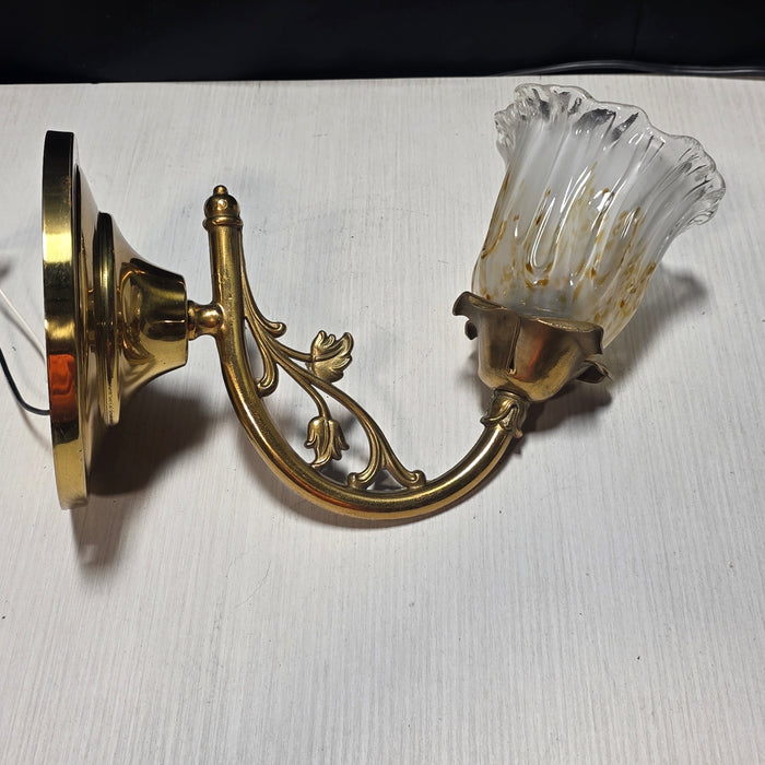 Vintage Brass Floral Single Light Sconce with Amber/Gold Flecks in Glass and Leafy Arm 6"x12"x11"