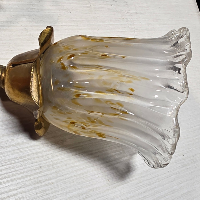Vintage Brass Floral Single Light Sconce with Amber/Gold Flecks in Glass and Leafy Arm 6"x12"x11"
