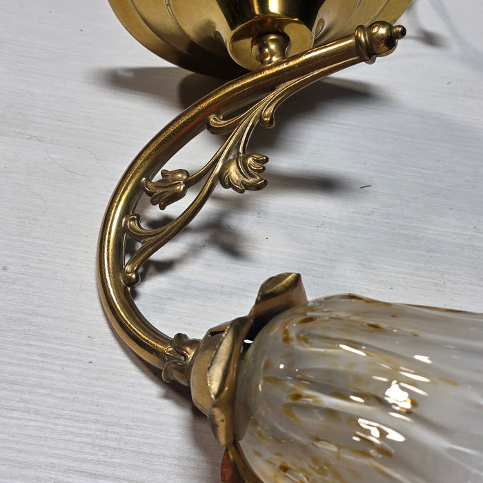 Vintage Brass Floral Single Light Sconce with Amber/Gold Flecks in Glass and Leafy Arm 6"x12"x11"
