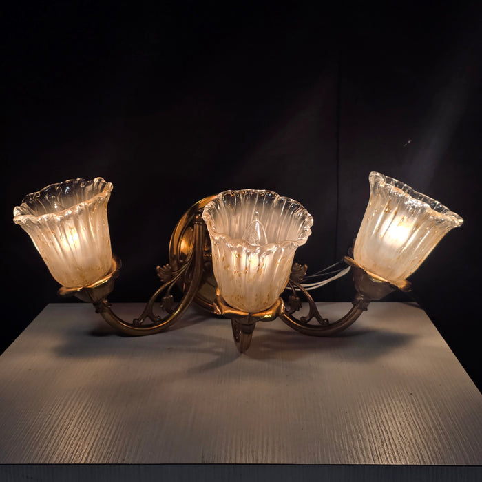 Vintage Brass Floral Three Light Sconce with Amber/Gold Flecks in Glass and Leafy  Arms17"x13"x7"