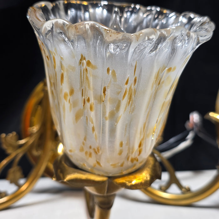 Vintage Brass Floral Three Light Sconce with Amber/Gold Flecks in Glass and Leafy  Arms17"x13"x7"