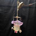 Vintage Burmese Pink Fenton Glass Rose Three Light Rose Chandelier with Crystals 10"Dx24"