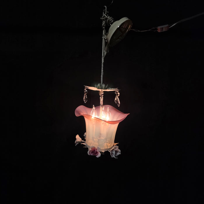 Vintage Burmese Pink Fenton Glass Rose Three Light Rose Chandelier with Crystals 10"Dx24"