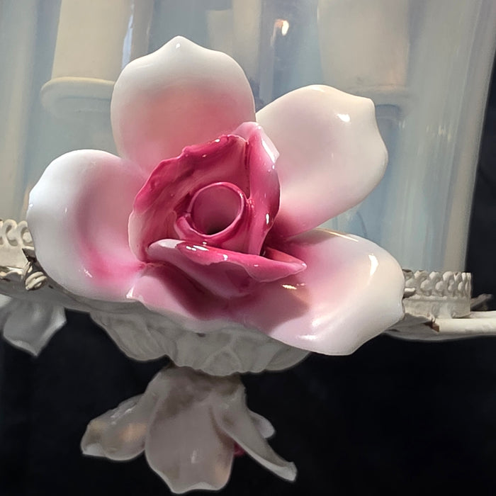 Vintage Burmese Pink Fenton Glass Rose Three Light Rose Chandelier with Crystals 10"Dx24"