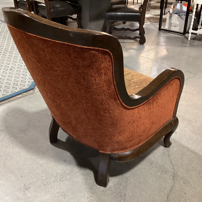 Vintage Carved Wood & Ornate Brown Burnt Orange Gold Upholstery with Raised Velvet Back Chair 29"x 31"x 38.5"