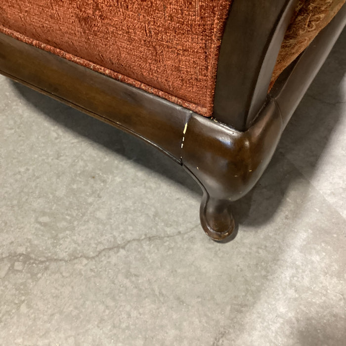 Vintage Carved Wood & Ornate Brown Burnt Orange Gold Upholstery with Raised Velvet Back Chair 29"x 31"x 38.5"