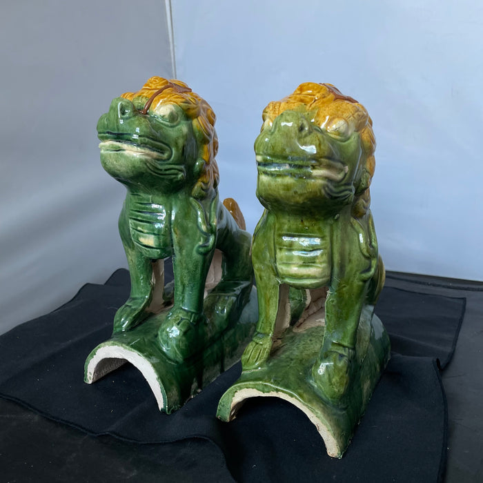 Vintage Chinese Sancai Glazed Foo Dog Chimera Roof Tiles, Pair, 8" x 4" x 10" Each