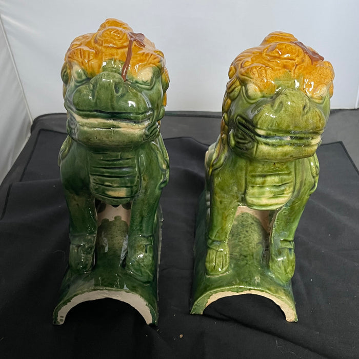 Vintage Chinese Sancai Glazed Foo Dog Chimera Roof Tiles, Pair, 8" x 4" x 10" Each